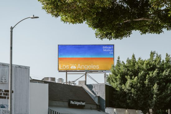 Outdoor Billboard Mockup in Urban Setting for Advertisement Design Presentation, featuring a blue and orange gradient and Los Angeles text.